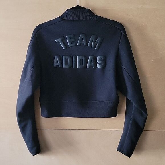 ADIDAS Team Womens Logo Varsity XS Athleisure Long Sleeve Crop Black Sweatshirt - Picture 8 of 12